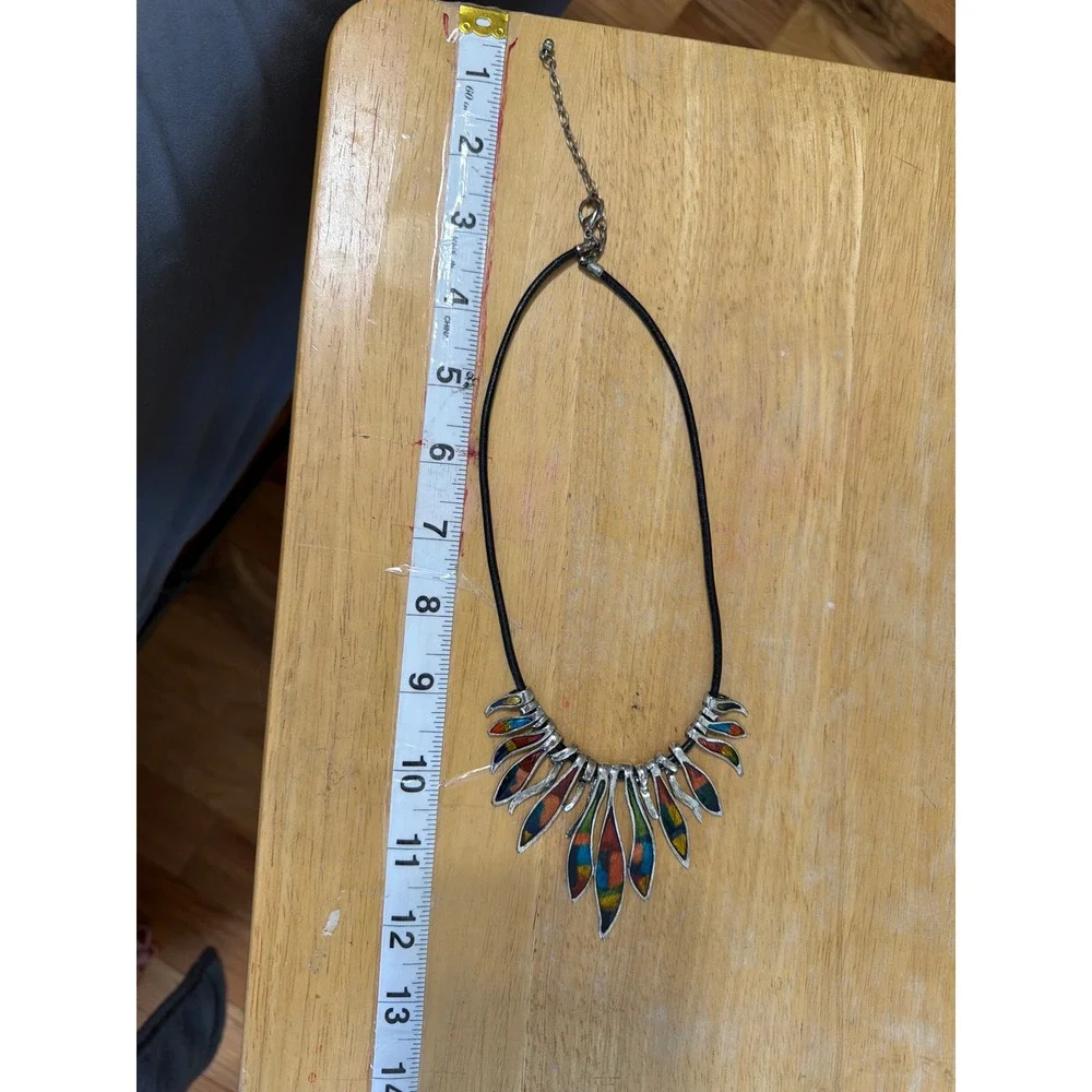 Multicolor Enamel‎ Silver Tone Leaf Bib Statement Necklace Black Cord Boho